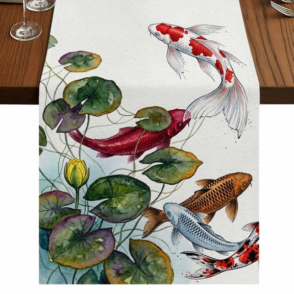 Japanese Fish Burlap Cotton Table Runner 13x36 Inches Short, Oriental Style Watercolor Plant Farmhouse Table Runners, Outdoor Dining Tablecloths Decor for Baby Shower/Party/Wedding