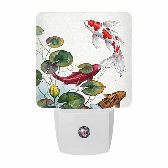 Japanese Fish Night Lights Plug Into Wall, LED Dusk to Dawn Sensor Night Light, Oriental Style Watercolor Plant Nightlight for Bedroom Bathroom Living Room Hallway Home Wall Decor