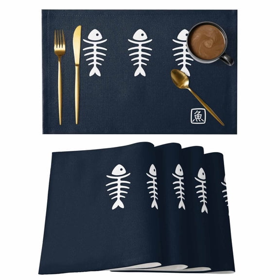 Japanese Fish Placemats Set of 12, Abstract Cartoon Navy Blue Placemats for Dining Table, Place Mats for Kitchen Tabletop, Waterproof Wipeable Dining Table Mats Set