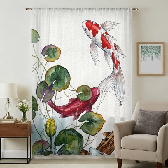 Japanese Fish Sheer Curtains 45 Inches Long for Bedroom, Oriental Style Watercolor Plant Light Filtering Privacy Drapes, Breathable Semi Sheer Short Window Treatment for Kitchen Cafe Bathroom