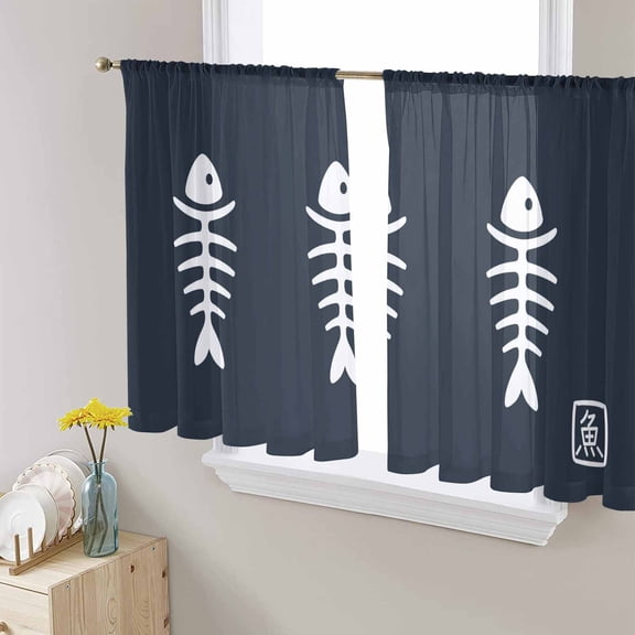 Japanese Fish Sheer Curtains 54 Inches Length 2 Panels Set, Window Sheer Curtains for Living Room/Bedroom, Abstract Cartoon Navy Blue Light Filtering Rod Pocket Curtain 52'' x 54'' x 2