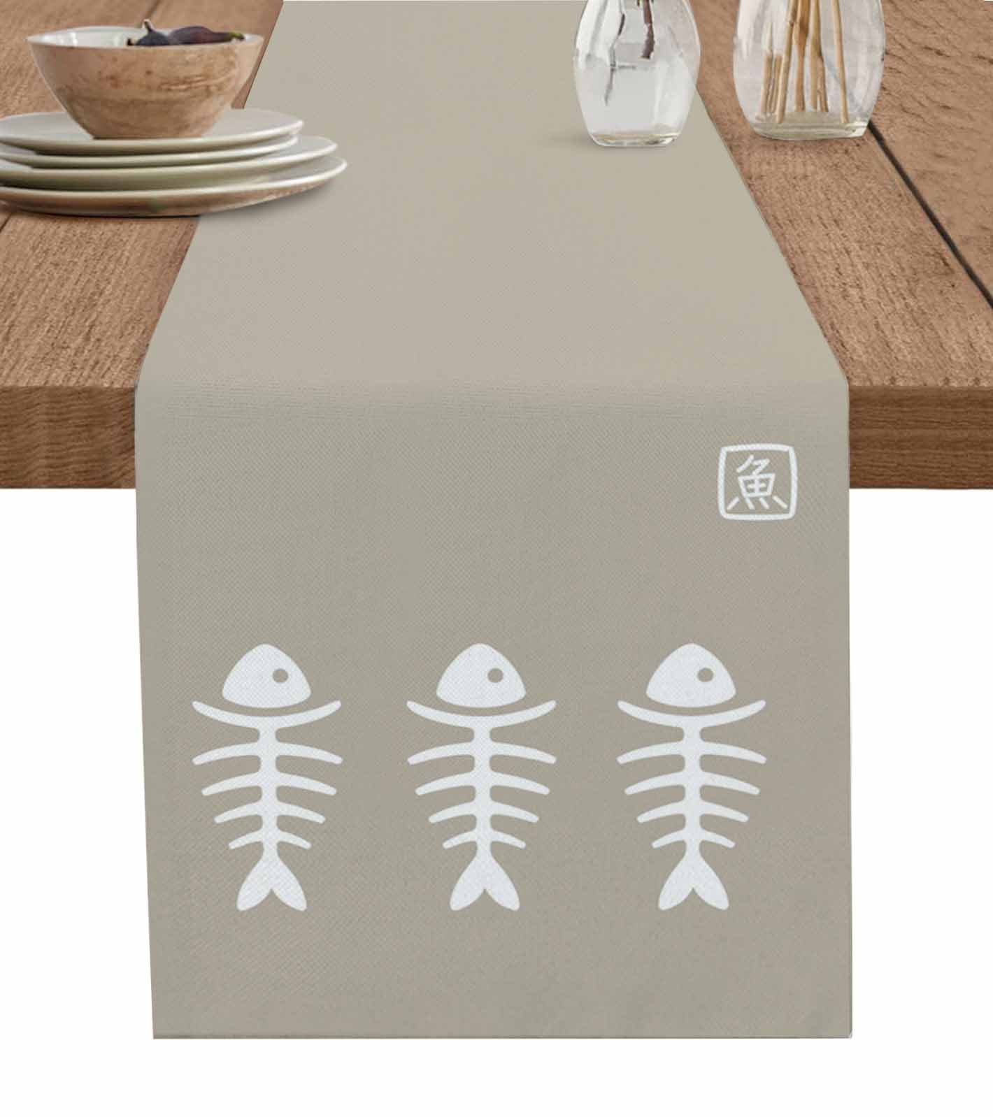 Japanese Fish Table Runner 36 Inches, Abstract Cartoon Beige Bed Runner ...
