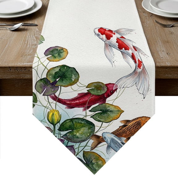Japanese Fish Table Runner Linen Burlap Table Runner 90 Inches Long Oriental Style Watercolor Plant Dresser Scarves for Kitchen Island Coffee Dining Room Party Wedding Banquet Holiday Decor 13"x90"