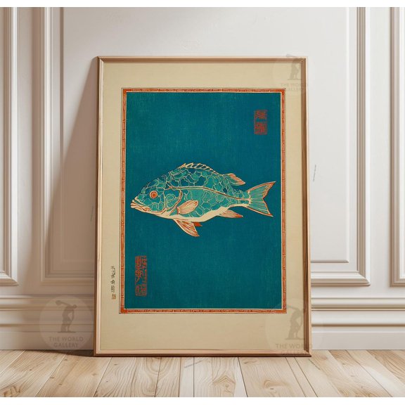 Japanese Fish Teal Orange Poster Unframed Paper Print