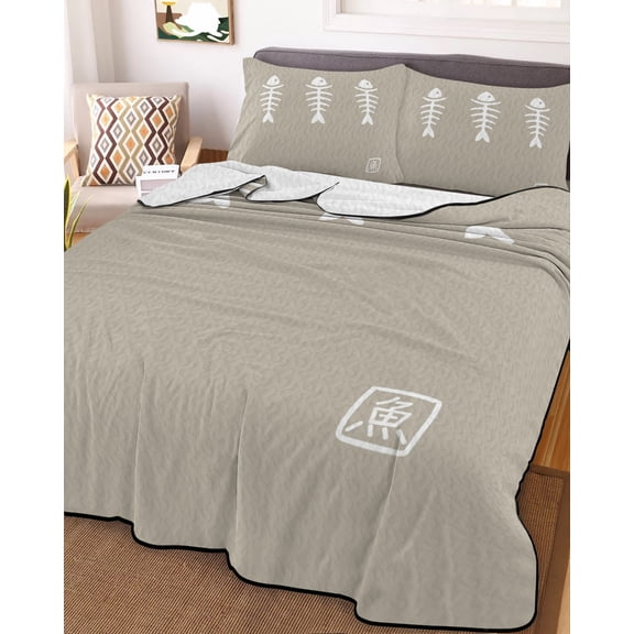 Japanese Fish Twin Size Down Alternative Comforter, Lightweight Comforter Quilt Bedding Set with Pillow Shams Abstract Cartoon Beige All Seasons Bed Comforter Duvet Insert 68"x86"