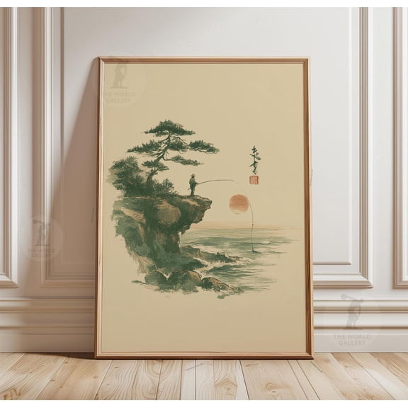 Japanese Fisherman Minimal Zen Water Reflection Calm Nature Wall Art, Unframed Poster