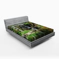 thumbnail image 1 of Japanese Fitted Sheet, Cascading Waterfall Pond Under Bridge Reflections of Flowers in Water Pattern, Soft Decorative Fabric Bedding, Full Size, Green White, by Ambesonne, 1 of 2