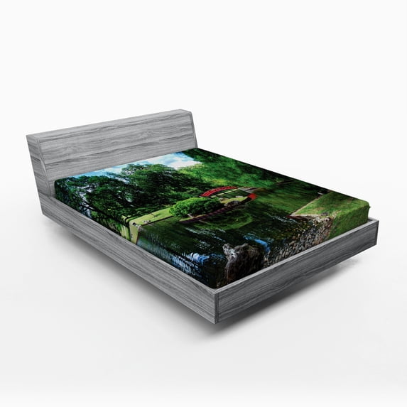 Ambesonne Nature Fitted Sheet, Japanese Garden Lake, Full Size, Green Blue