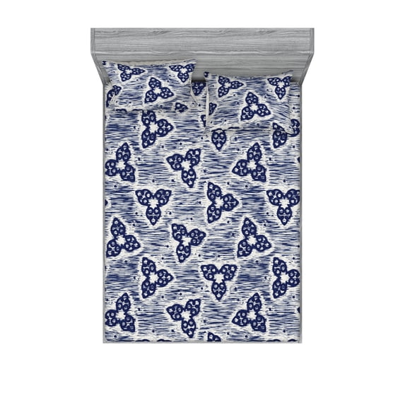 Japanese Fitted Sheet & Pillow Sham Set, Abstract Flower-Like Whimsical Motifs Repetitive Pattern Illustration, Decorative Printed 3 Piece Bedding Decor, King, Dark Violet Blue White, by Ambesonne