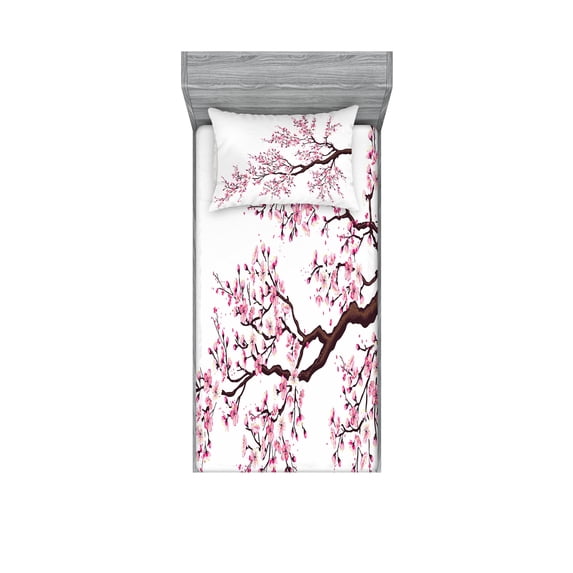 Japanese Fitted Sheet & Pillow Sham Set, Branch of a Flourishing Sakura Tree Flowers Cherry Blossoms Spring Theme Art, Decorative Printed 4 Piece Bedding Decor Set, Twin, Pink Dark Brown, by Ambesonne