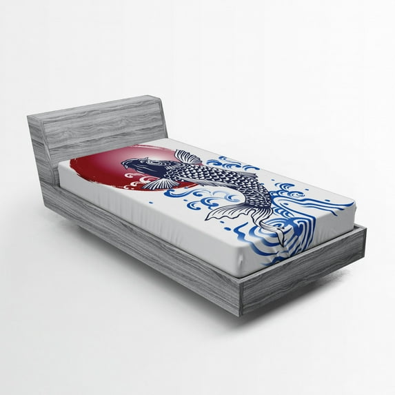 Japanese Fitted Sheet, Red Round Circle Illustration Print with Koi Fish and Water Splash Image, Soft Decorative Fabric Bedding, Twin Size, White, by Ambesonne