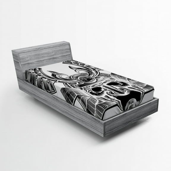 Ambesonne Japanese Fitted Sheet, Vintage Japan, Twin XL Size, White Black