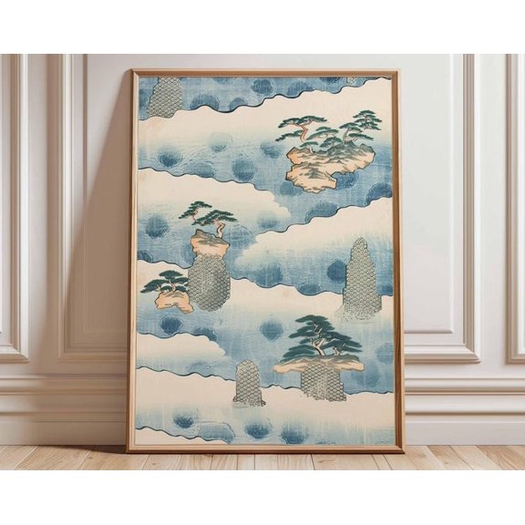Japanese Floating Island Blue Cloud Wall Art Print, Unframed Paper Poster 8x10in
