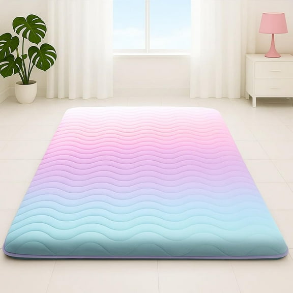 Japanese Floor Futon Mattress, 3.5" Thicken Colorful Rainbow Portable Floor Mattress, High-Density Foam Tatami Mat Sleeping Pad for Camping Guest Room Dormitory RV, Queen