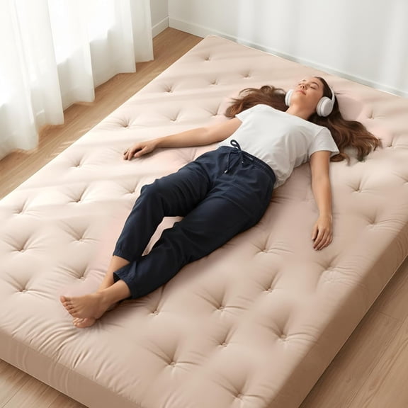 Japanese Floor Futon Mattress Full Size 54"x 75",100% Cotton Cover 6'' Thicken Tatami Mattress,Foldable Sleeping Pad,Portable Dormitory Tatami Mat,Roll Up Floor Lounger Bed for Adult (Khaki)