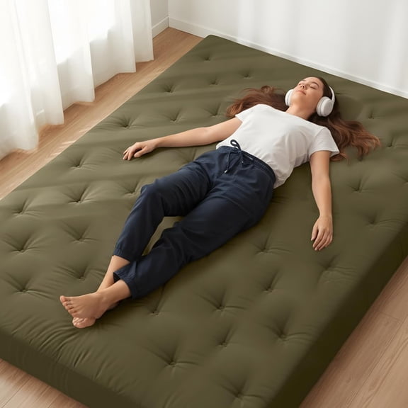 Japanese Floor Futon Mattress King Size 76"x80"100% Cotton Cover 6'' Thicken Tatami Mattress,Foldable Sleeping Pad,Portable Dormitory Tatami Mat,Roll Up Floor Lounger Bed for Adult (Winter Moss)