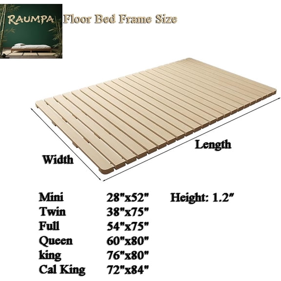 Japanese Floor Low  Platform Bed Frame, Knot-Free Wood Slatted Tatami Mattress Pallet Mat, Minimalist Zen Style to Ground No Legs Foldable Roll Portable
