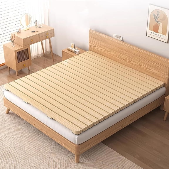 Japanese Floor Low Profile Platform Bed Frame, Knot-Free Wood Slatted Tatami Mattress Pallet Mat, Minimalist Zen Style to Ground No Legs Foldable Roll Portable