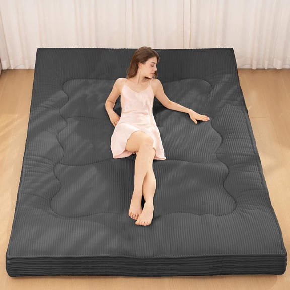 Japanese Floor Mattress, 4" Thicken Futon Mattress Full Size Sleeping Pad, Corduroy Foldable Floor Pad, Roll Up Tatami Mat for Adults Guest Room Bedroom