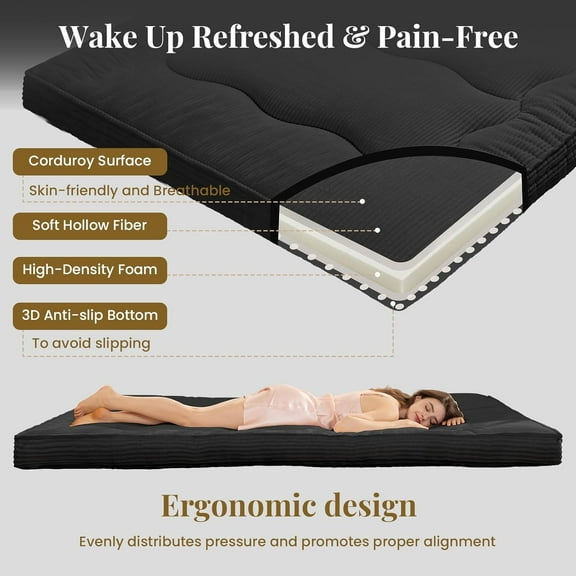 Japanese Floor Mattress, 4" Thicken Futon Mattress Queen Size Sleeping Pad, Corduroy Foldable Floor Pad, Roll Up Tatami Mat for Adults Guest Room Bedroom, Black