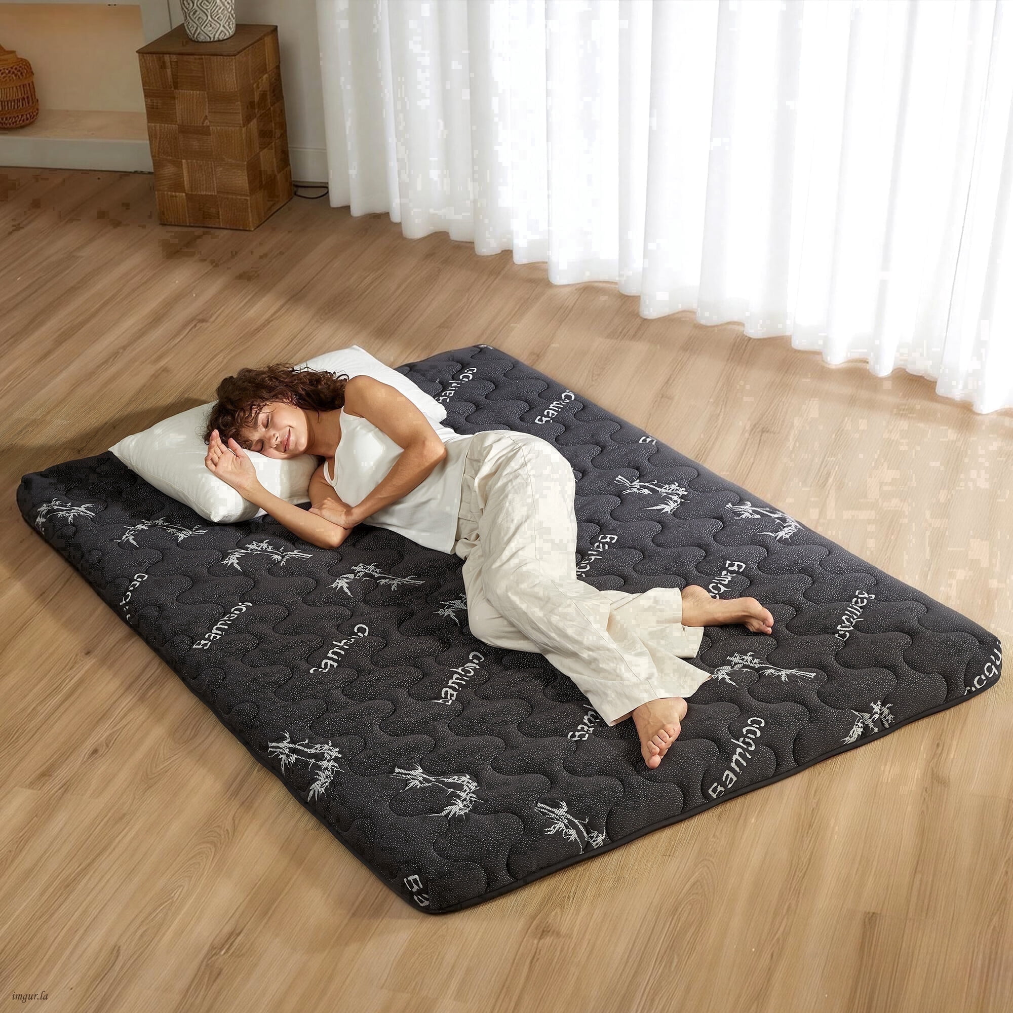 Japanese Futon Mattress, Floor Mattress Full Size，Foldable Tatami Sleeping Pad with High Density Foam, Gray，bamboo