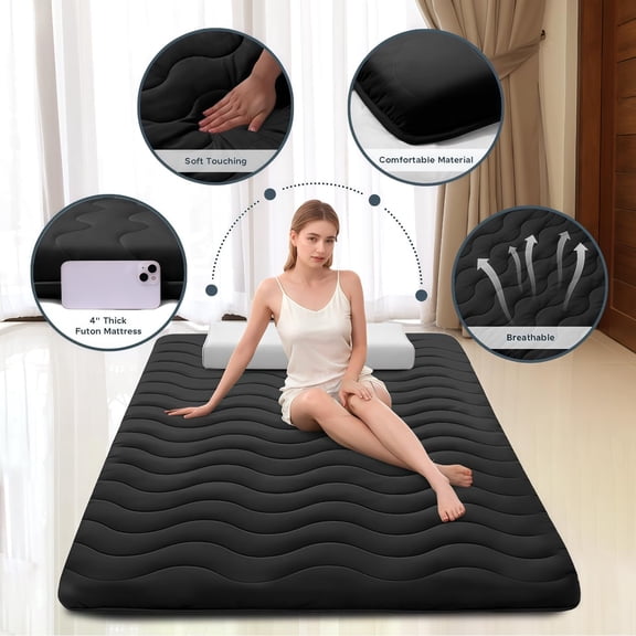 Japanese Floor Mattress, High Density Comfortable Foam, 4" Thicken Foldable Mattress Tatami Mat Sleeping Pad, Ideal for Comfort and Support, Kids Floor Lounger Camping Bed Sofa, Black, Queen