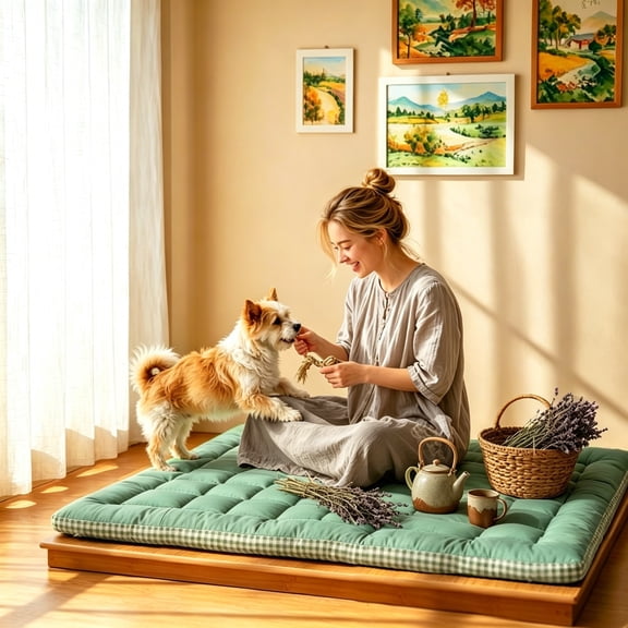 Japanese Floor Mattress Topper, Futon Mattress Topper, Tatami Mat, Sleeping Pad, Foldable Roll-Up Mat for Adults in Dormitories, Four Corner Tie Strap Design