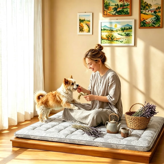 Japanese Floor Mattress Topper, Futon Mattress Topper, Tatami Mat, Sleeping Pad, Foldable Roll-Up Mat for Adults in Dormitories, Four Corner Tie Strap Design