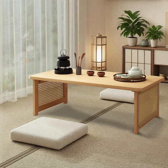 Japanese Floor Table, Japanese Low Tea Table for Sitting on The Floor, Bamboo Folding Coffee Table, No Assembly, Foldable Tatami Table Portable Living Coffee Table (Natural)
