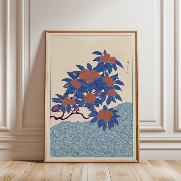 Japanese Floral Blue Leaves Red Blooms Beige Wave Pattern Wall Decor Unframed Paper Print