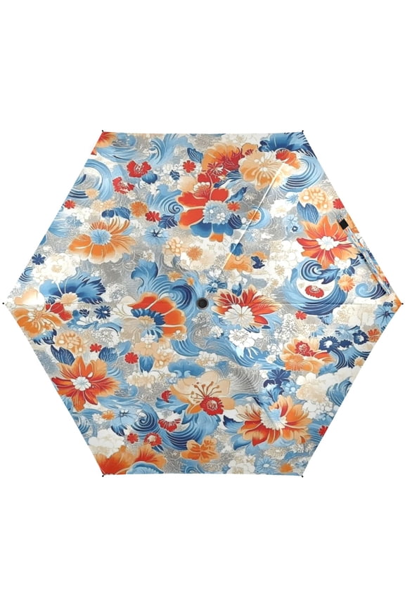 Japanese Floral Print Umbrellas for Sun Auto Open Close UV50+ Waterproof 5-Fold Compact Fiberglass Frame