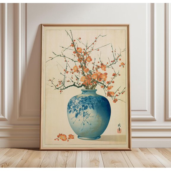 Japanese Floral Vase Poster, Blue Ceramic Wall Art, Botanical Print, Poster Only