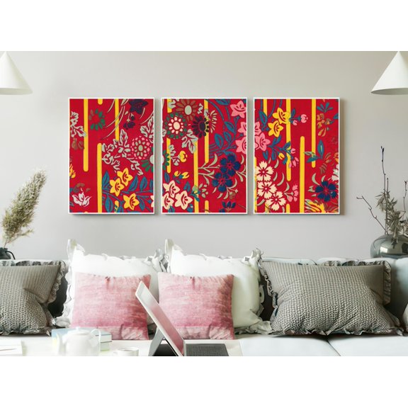 Japanese Floral Vibrant Red Kimono Pattern Triptych Modern Asian Graphic Flower Gallery Set Zen Inspired Wall Art Poster, Set 3, Poster Only