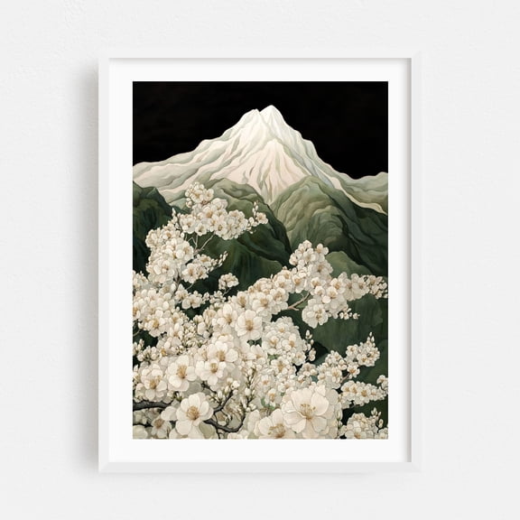 Japanese Floral Wall Art Mountain Poster Sage Green Wabi Sabi Painting japandi Art botanical Print extra large printable Flower wall art - Japan Painting White Framed Wall Art Print 5 x 7 inches