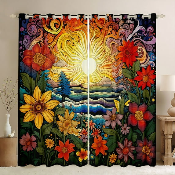 Japanese Flower Curtains & Drapes Golden Sunshine Print 30%-50% Blackout Curtains, Colorful Floral Decor Curtains for Women Men Blue Waves Modern Abstract Style Window Curtains 42''Wx84''L