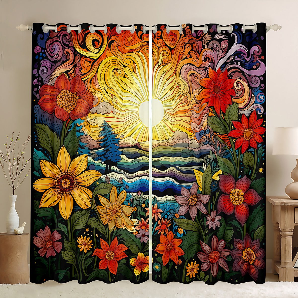 Japanese Flower Curtains & Drapes Golden Sunshine Print 3050