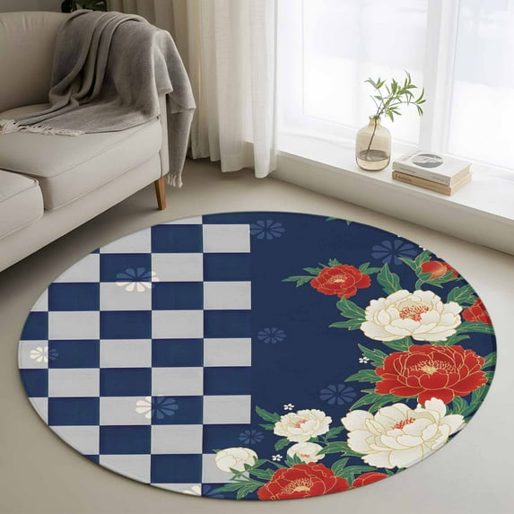 Japanese Flower Round Rug 3ft Washable Circle Entryway Rugs Non Slip Botanical Floral Leaf Blue Plaid Area Rug Indoor Floor Carpet for Bedroom Kitchen Living Room Home Office Dining Room Nursery