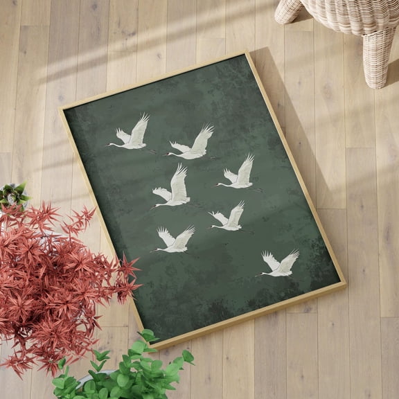 Japanese Flying Cranes Green Wall Art, Japandi Minimal Bird Decor, Unframed Paper Print Size 8x12
