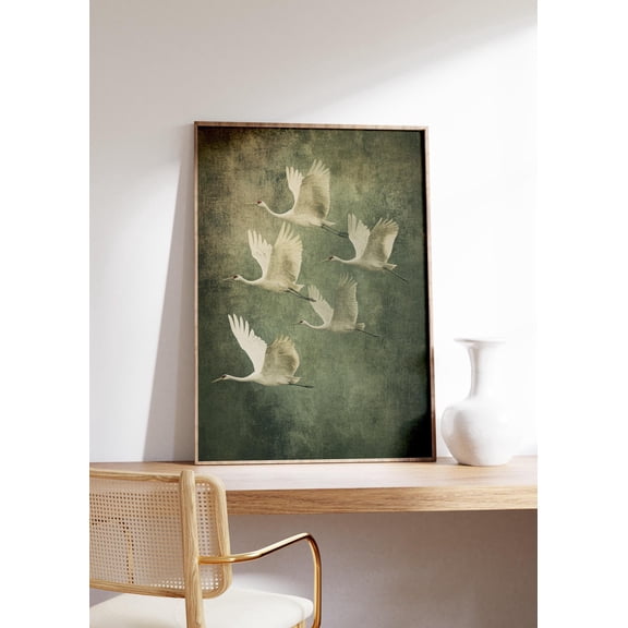 Japanese Flying Cranes Muted Green Tones Art