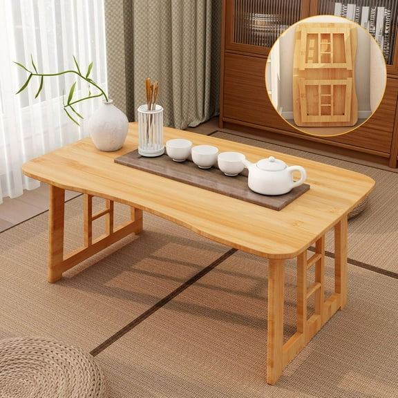 Japanese Folding Coffee Table Bamboo Low Tea Table Foldable Legs Floor Table for Living Room Tatami Tea Room Bay Window,No Assembly (Wood Color)