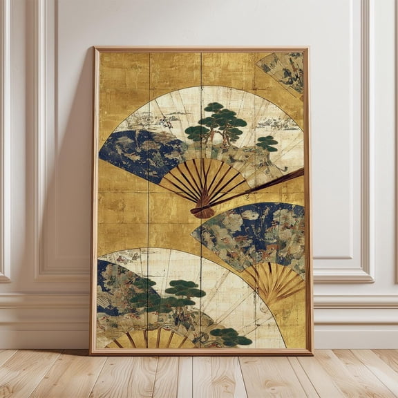 Japanese Folding Fan Art Gold Leaf Screen Poster Oriental Print Traditional Artwork Elegant Asian Decor Classic Wall Design