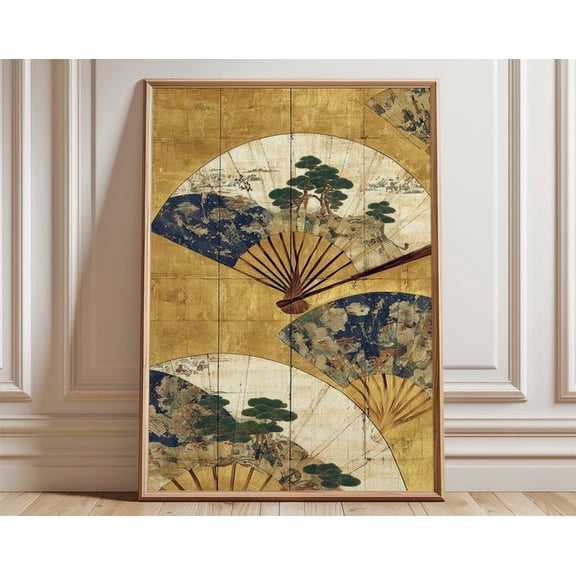 Japanese Folding Fan Gold Leaf Screen Traditional Wall Art Print, Unframed Paper Poster 8x10in