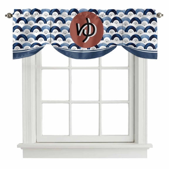 Japanese Folding Fan Tie Up Valance Curtains for Windows, Kitchen Curtains Window Treatments, Blue Harmony Waves Vintage Short Window Shades Valances for Bedroom Bathroom Cafe 42"x12"