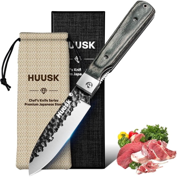 Japanese Folding Santoku Knife - Pocket Chef Knife | Pocket Chef Knife, Hand Forged Blade, Wooden Handle, Gift Box, Camping and Travel