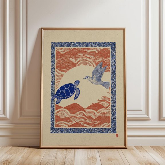 Japanese Folk Art Style Turtle and Bird Blue and Red Nature Decor, Unframed Canvas 8x10in