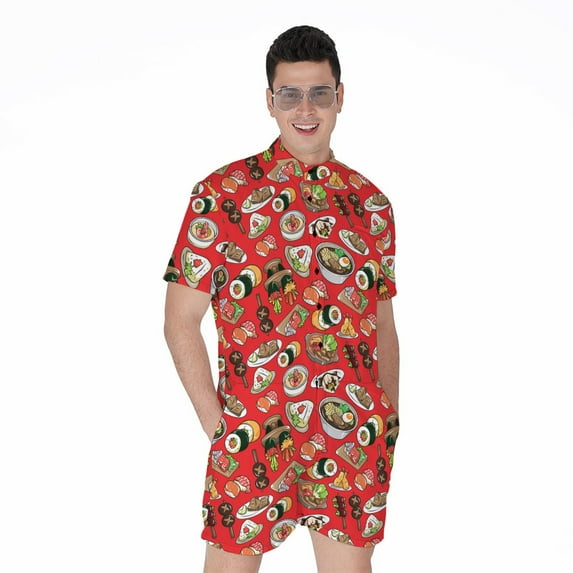 Japanese Food Pattern Short Sleeve Men'S Rompers, Food Lover Casual Summer Jumpsuits Outfit