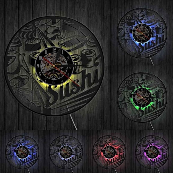 Japanese Foodie Sushi Roll Wall Clock Sashimi Sushi Bar Vintage Vinyl Record Wall Clock Sushi Party Janpanese Gourmet Wall Decor