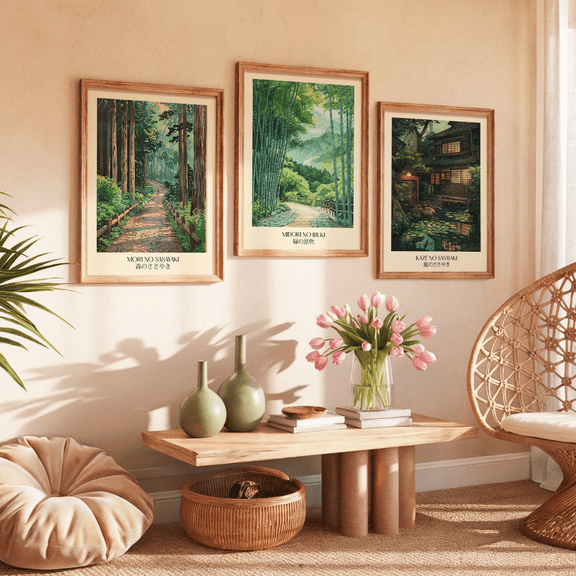 Japanese Forest Path Zen Garden Nature Poster Set Set 3 , Poster Only