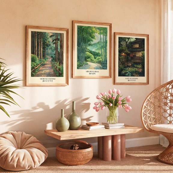 Japanese Forest Pathway Art Print Zen Garden Wall Decor Set 3 Unframed Paper Print 16x24