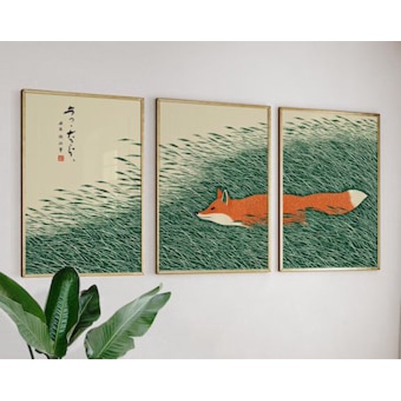 Japanese Fox In Grass Wall Art Set, Nature Triptych, 3 Posters, Stretched Canvas